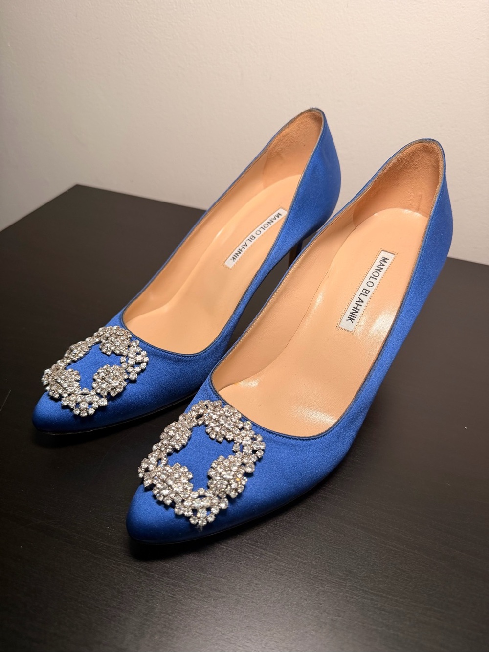 Manolo Blahnik Hangisi Royal Blue Satin Crystal-Embellished Heels